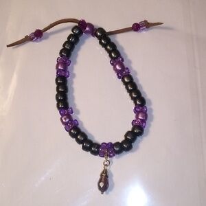 Handmade Black/Purple Tear Drop & Beads on Leather Bracelet